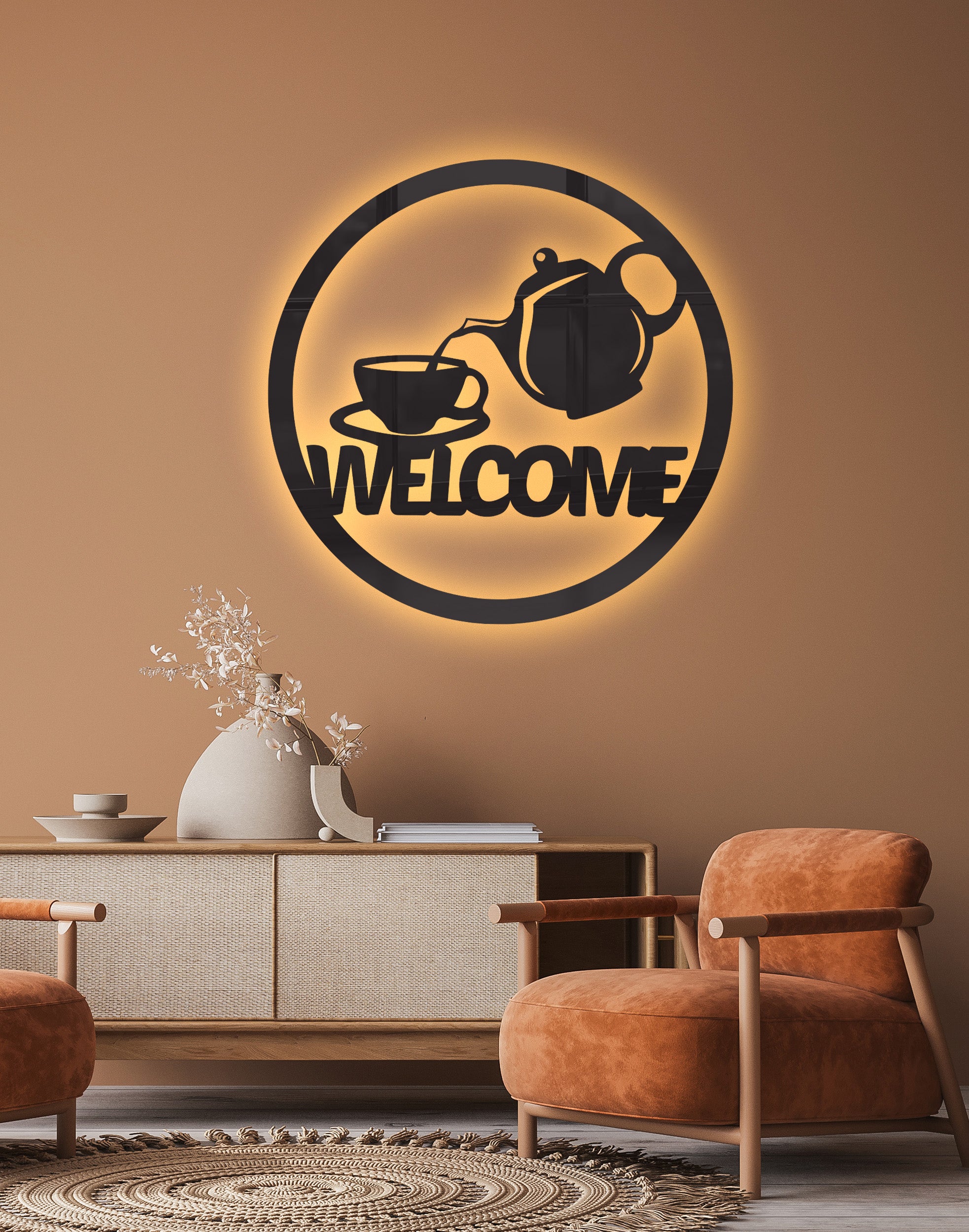 Tea and Cup Welcome silhouette – Premium Acrylic Wall Art