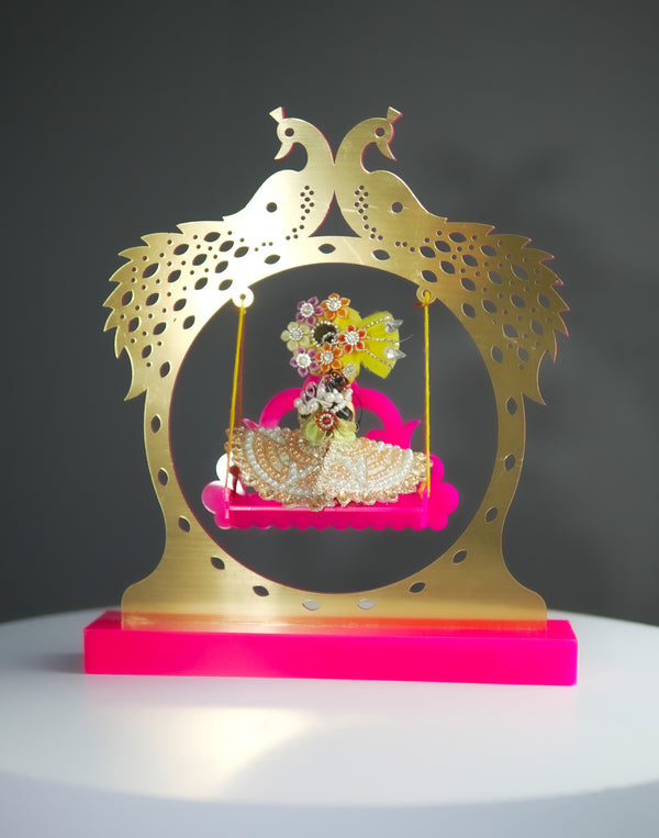 Royal Laddu Gopal Jhula – Pink & Gold Acrylic Elegance