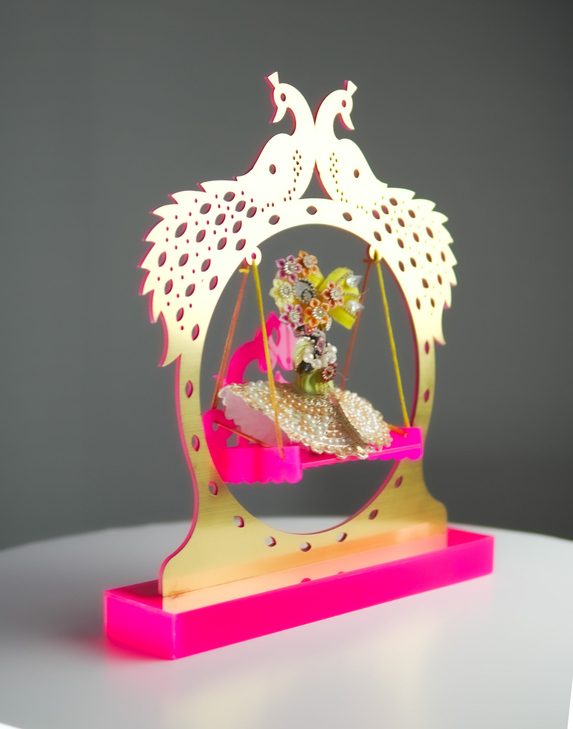 Royal Laddu Gopal Jhula – Pink & Gold Acrylic Elegance